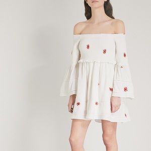 Free People Counting Daisies Off-the-Shoulder Embroidered Dress (Ivory)